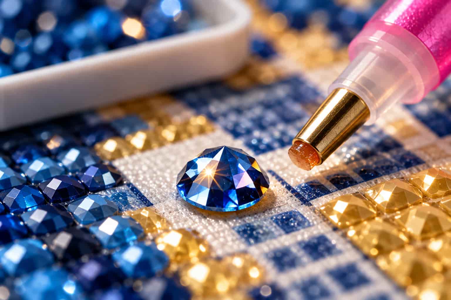 A macro diagram showing the 15 facets of a 5D diamond painting drill catching the light.