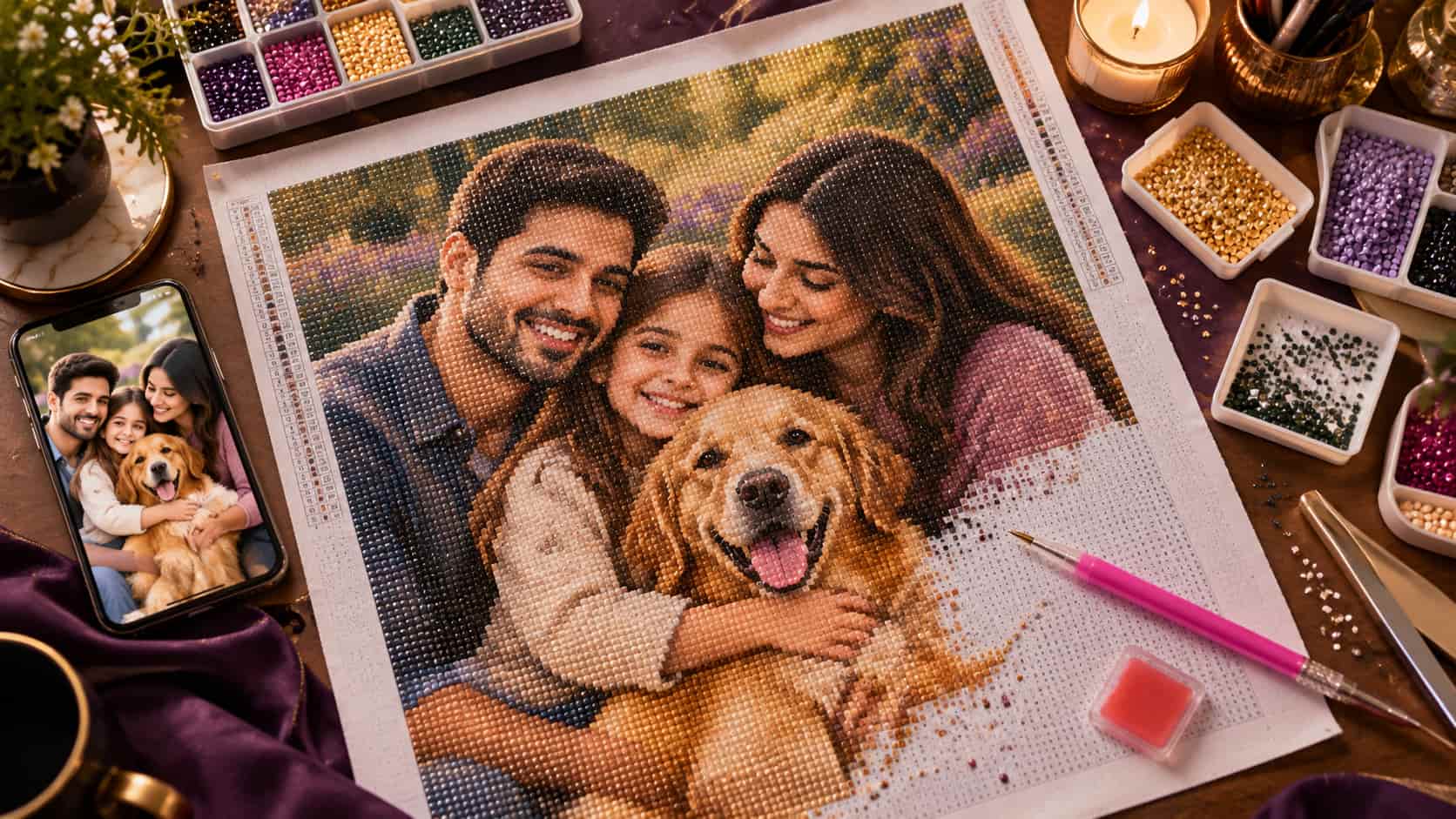 A beautiful custom 5d diamond painting kit laid out on a table with sparkling drills and a family photo.
