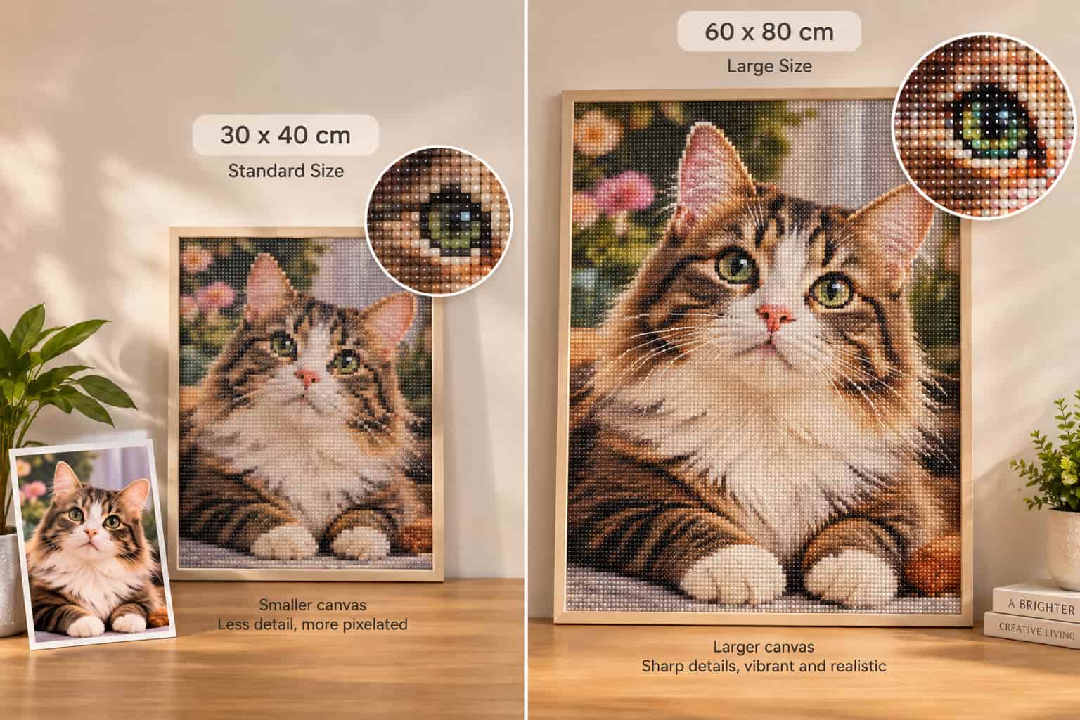 Comparing small and large canvas sizes for custom diamond art painting to show pixel detail.