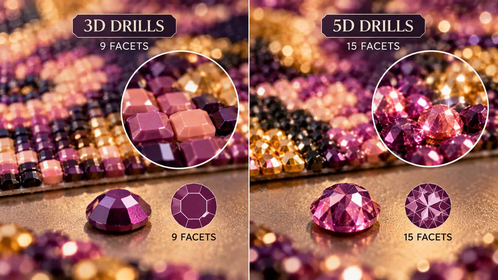 A side-by-side comparison of a 5D diamond painting canvas with sparkling facets and a regular diamond art kit.